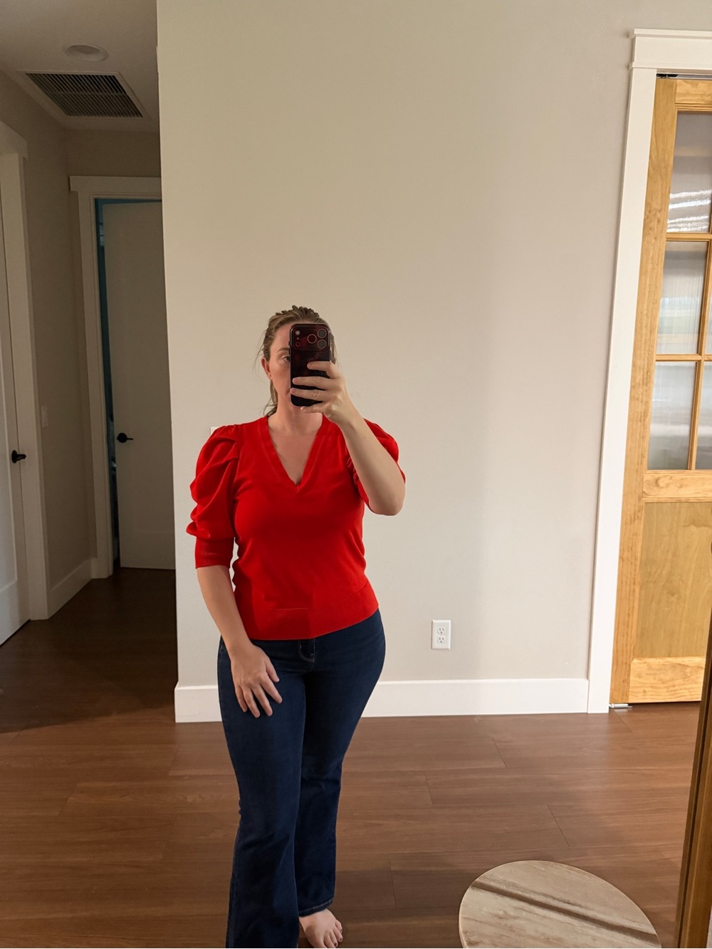 DKNY Red V-Neck Puff Sleeve Top - Women